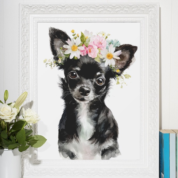 Watercolor Black Chihuahua with Flowers Portrait Wall Art Print Poster Unframed - Picture 6 of 6